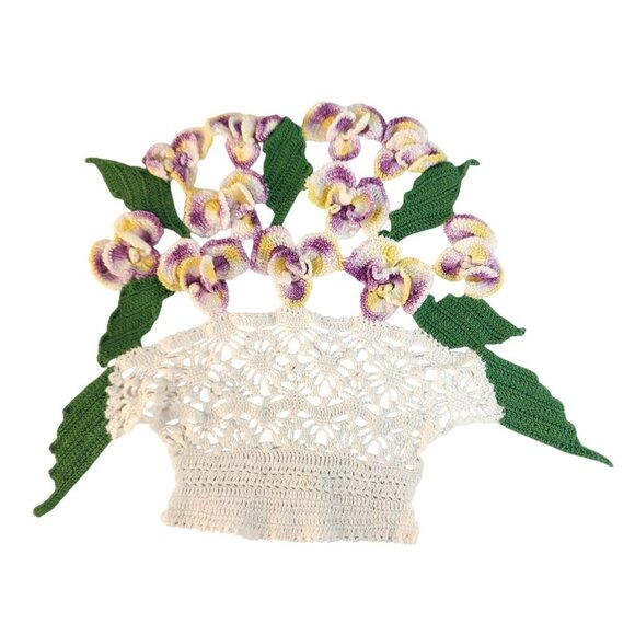 Handcrafted Crochet Floral Wall Décor Vase With Purple & Yellow Flowers And Gree - Picture 1 of 7